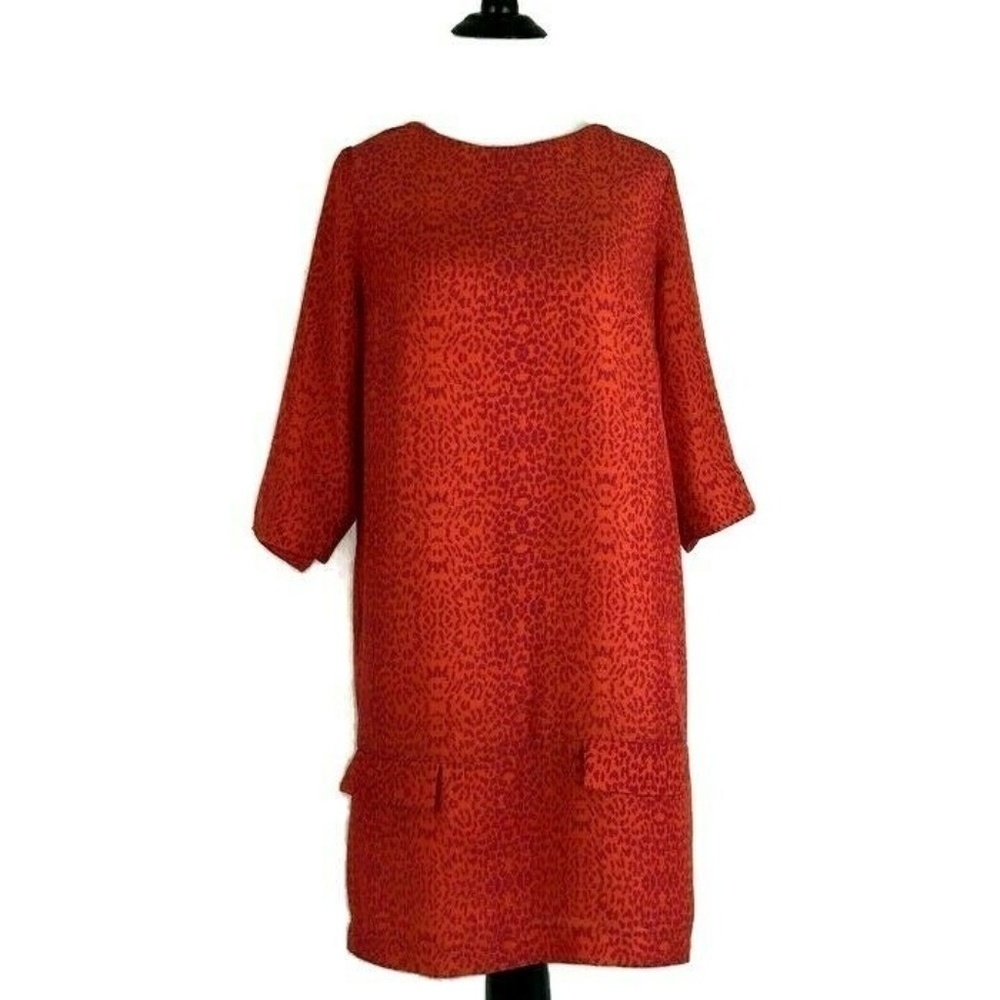Zara Basic Women's Small S Shift Dress Lined 3/4 Sleeves Orange Animal Print
